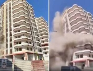 Diyarbakır’da zelzelede ağır hasar gören 12 katlı bina yıkım esnasında çöktü