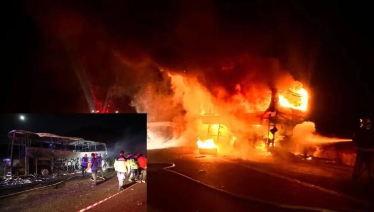 Denizli’de dehşetli kaza… Yolcu otobüsü alev alev yandı: Biri bebek 8 meyyit, 33 yaralı
